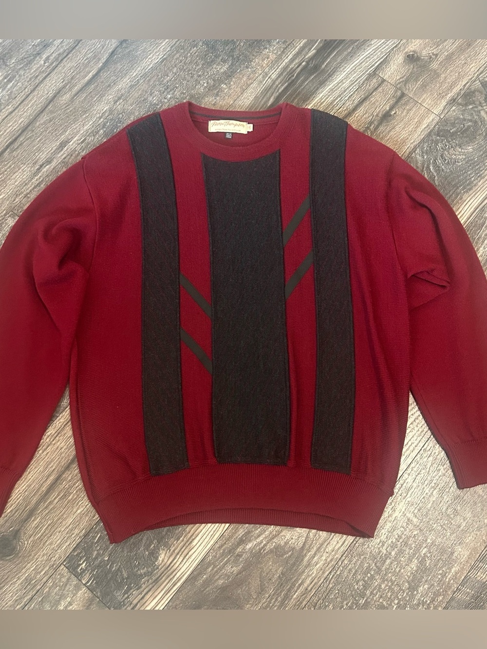 Norm Thompson Vintage Mens Large Wine Wool Blend Crewneck Sweater Black Panel